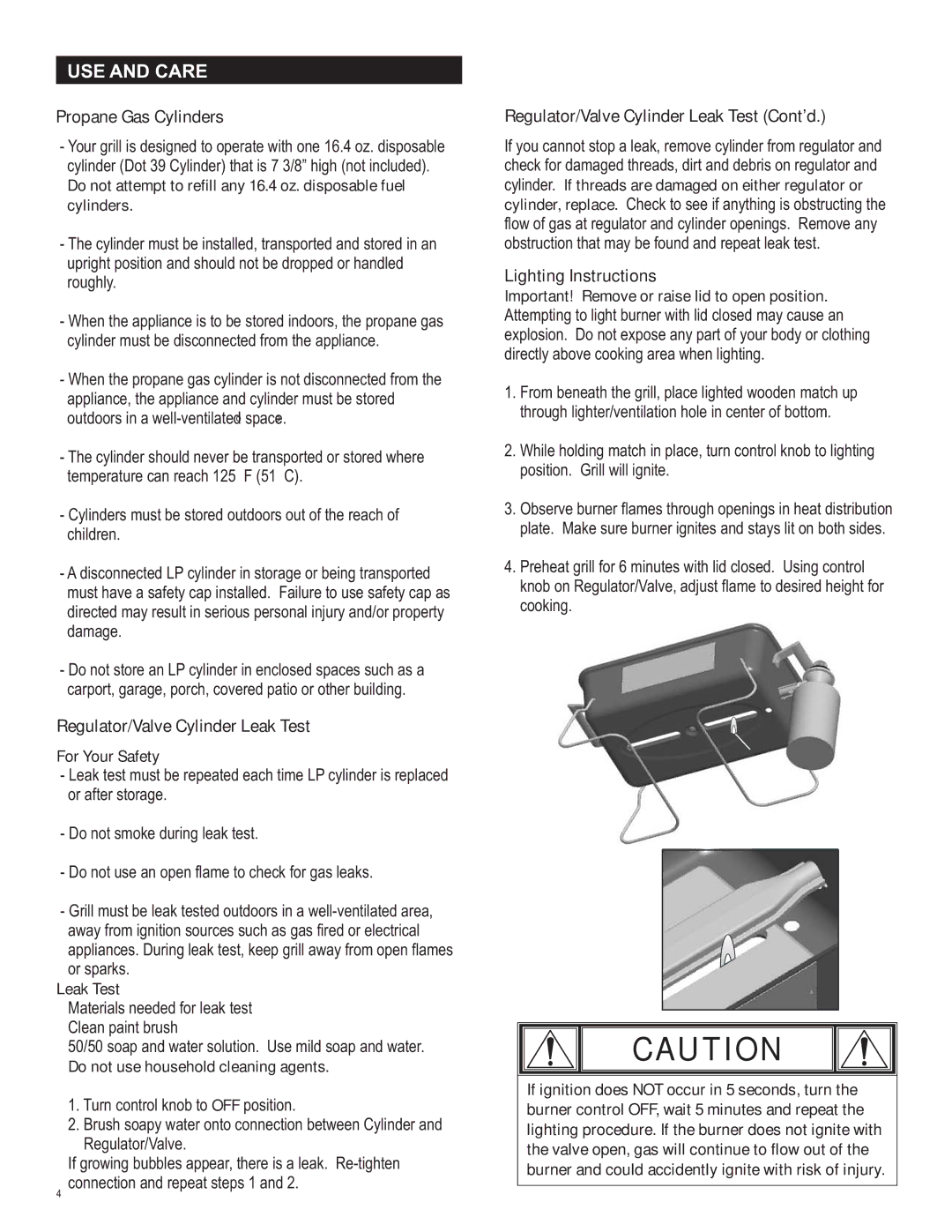 Char-Broil 4651330 manual Propane Gas Cylinders, Regulator/Valve Cylinder Leak Test Cont’d, Lighting Instructions 