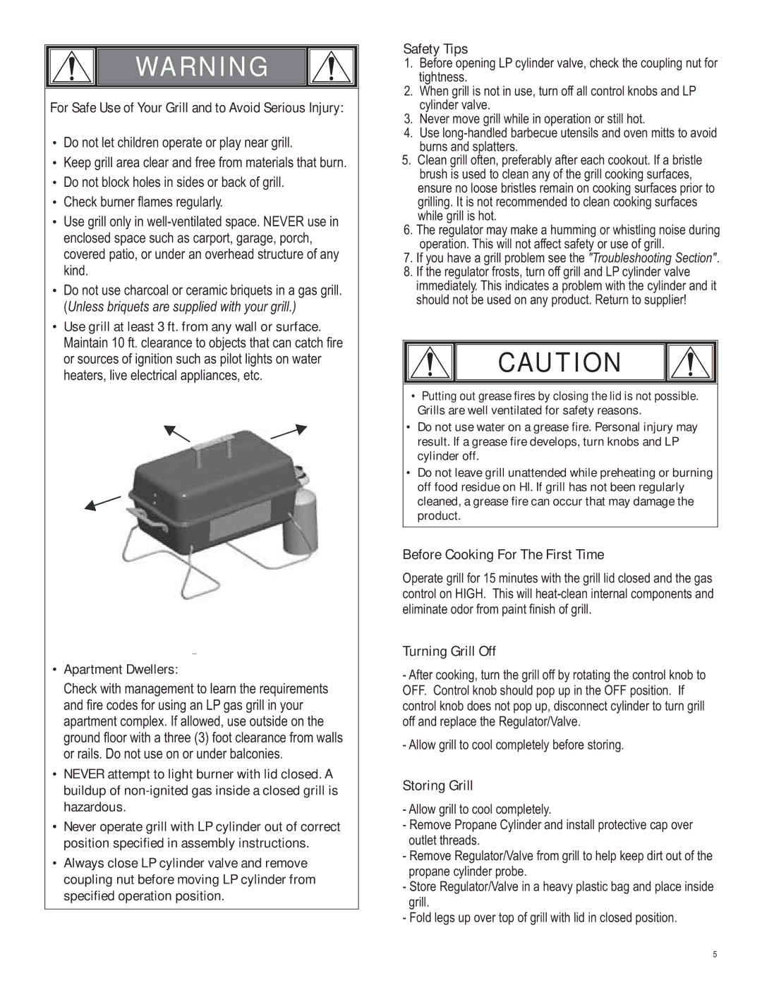 Char-Broil 4651330 For Safe Use of Your Grill and to Avoid Serious Injury, Safety Tips, Before Cooking For The First Time 