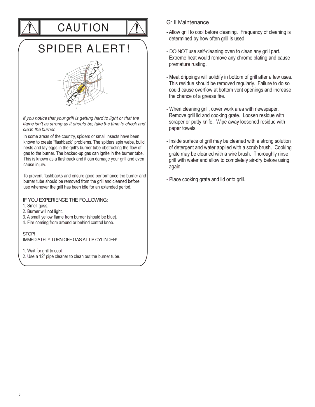 Char-Broil 4651330 manual Spider Alert, Grill Maintenance 