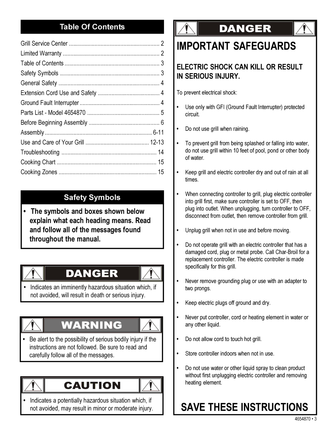 Char-Broil 4654870 manual Table Of Contents, Safety Symbols 