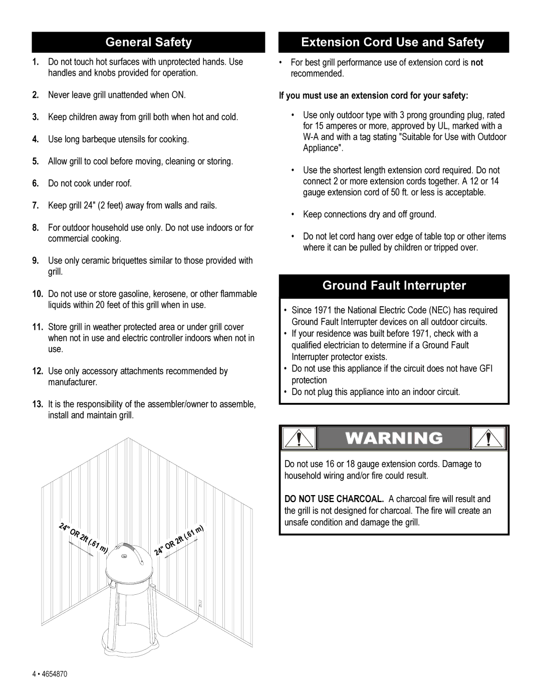 Char-Broil 4654870 manual General Safety, Extension Cord Use and Safety, Ground Fault Interrupter, 2ft 