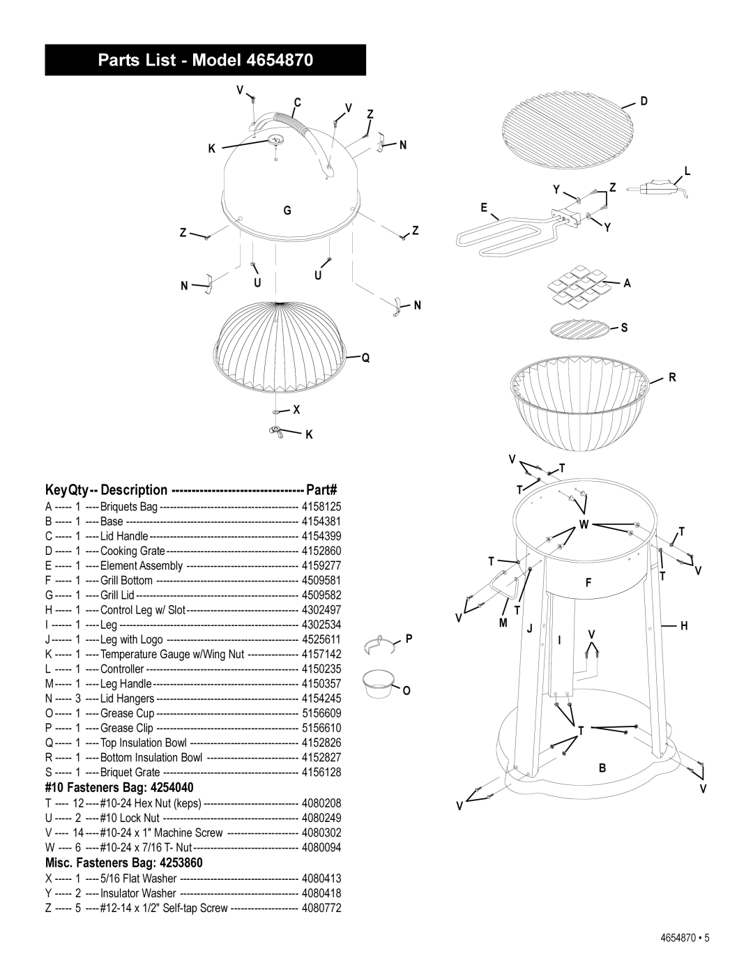 Char-Broil 4654870 manual Parts List Model, #10 Fasteners Bag, Misc. Fasteners Bag 