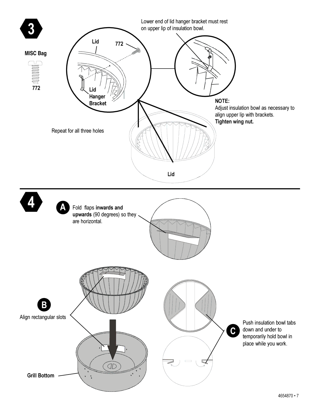 Char-Broil 4654870 manual On upper lip of insulation bowl, Lid 772, Tighten wing nut Lid, Grill Bottom 