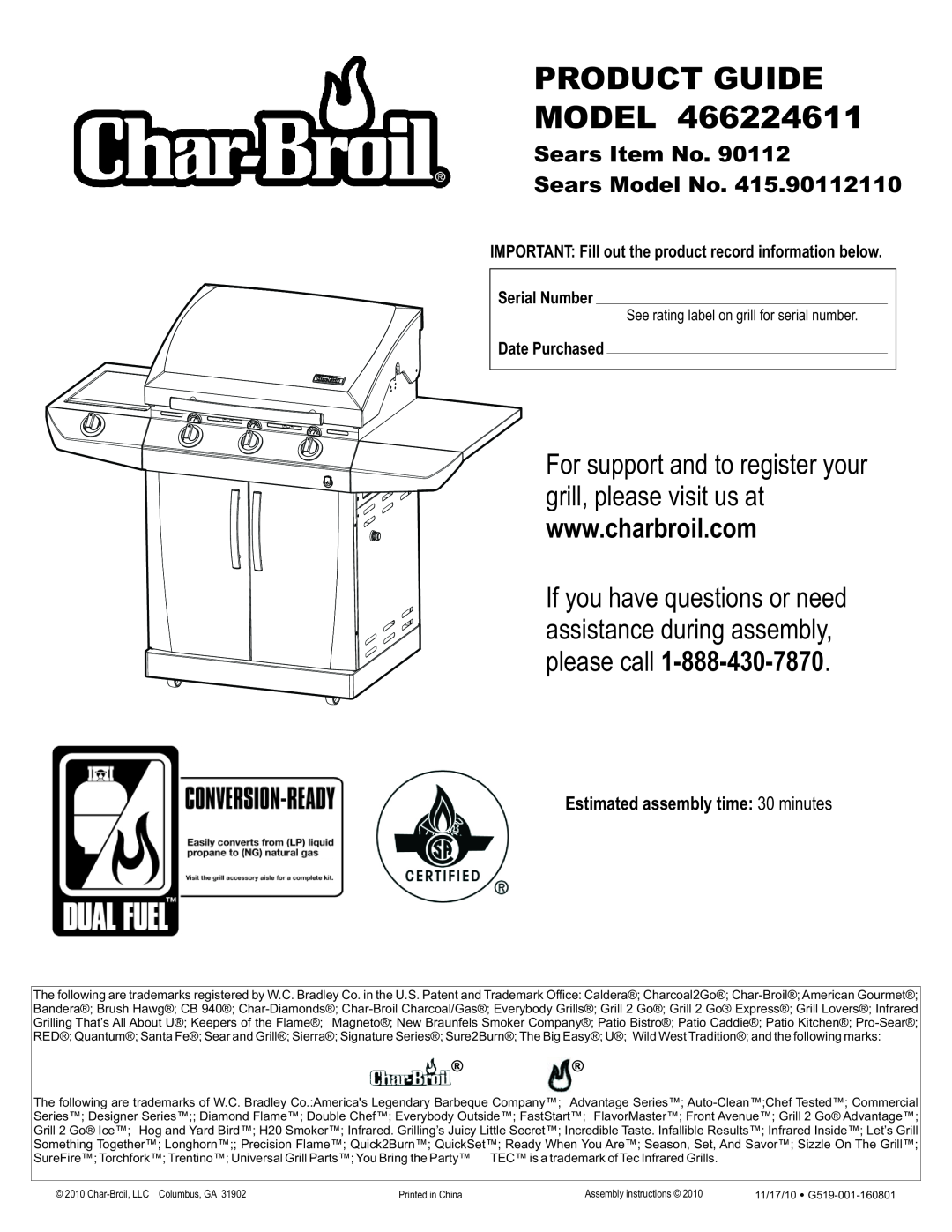 Char-Broil 415.9011211, 466224611 manual please call, Estimated assembly time 30 minutes, Serial Number, Date Purchased 