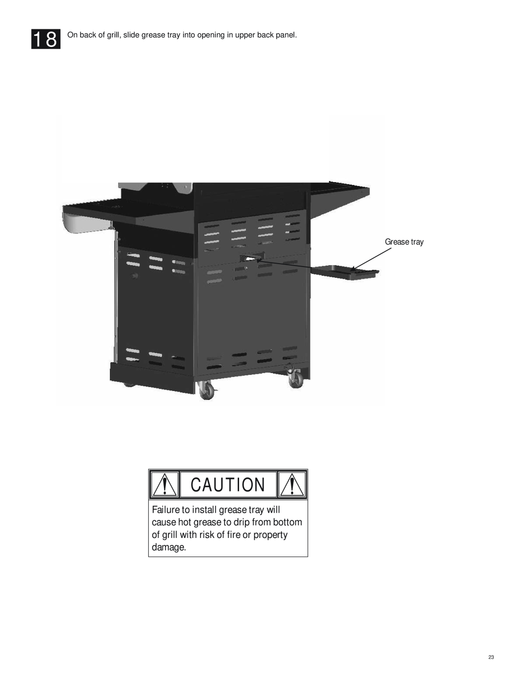 Char-Broil 415.9011211, 466224611 manual On back of grill, slide grease tray into opening in upper back panel, Grease tray 