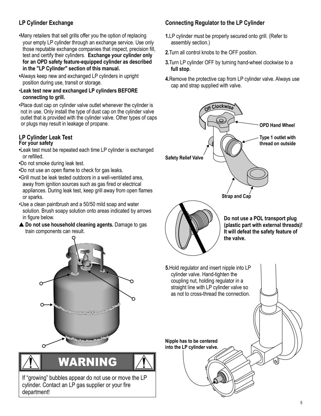 Char-Broil 415.9011211, 466224611 manual LP Cylinder Exchange, LP Cylinder Leak Test, department, For your safety 