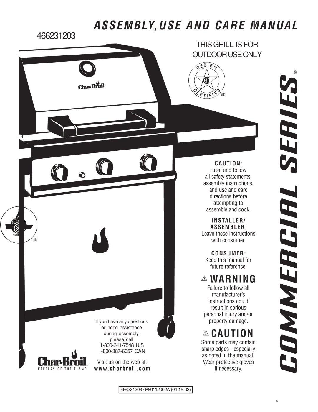 Char-Broil 466231203 manual ASSEMBLY,USE and Care Manual, 387-6057 can 