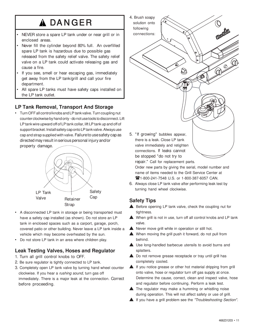 Char-Broil 466231203 manual LP Tank Removal, Transport And Storage, Leak Testing Valves, Hoses and Regulator, Safety Tips 