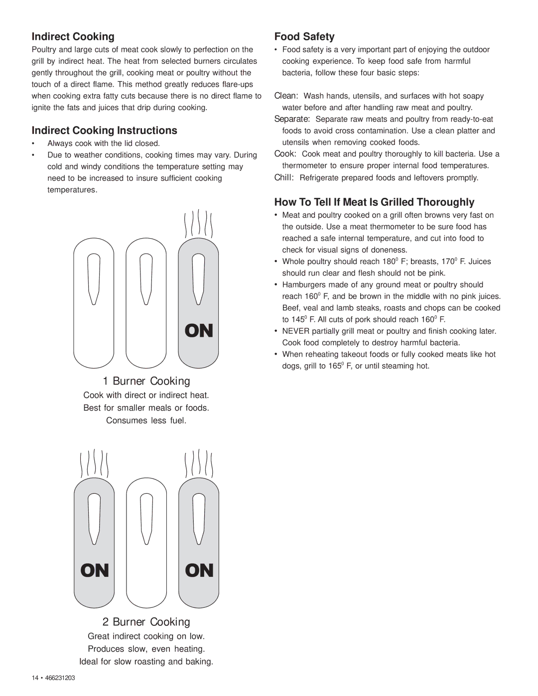 Char-Broil 466231203 manual Indirect Cooking Instructions, Food Safety, How To Tell If Meat Is Grilled Thoroughly 