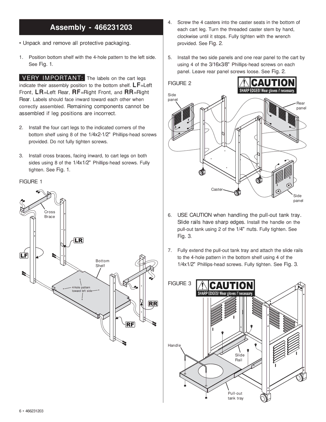 Char-Broil 466231203 manual Assembly, Unpack and remove all protective packaging 