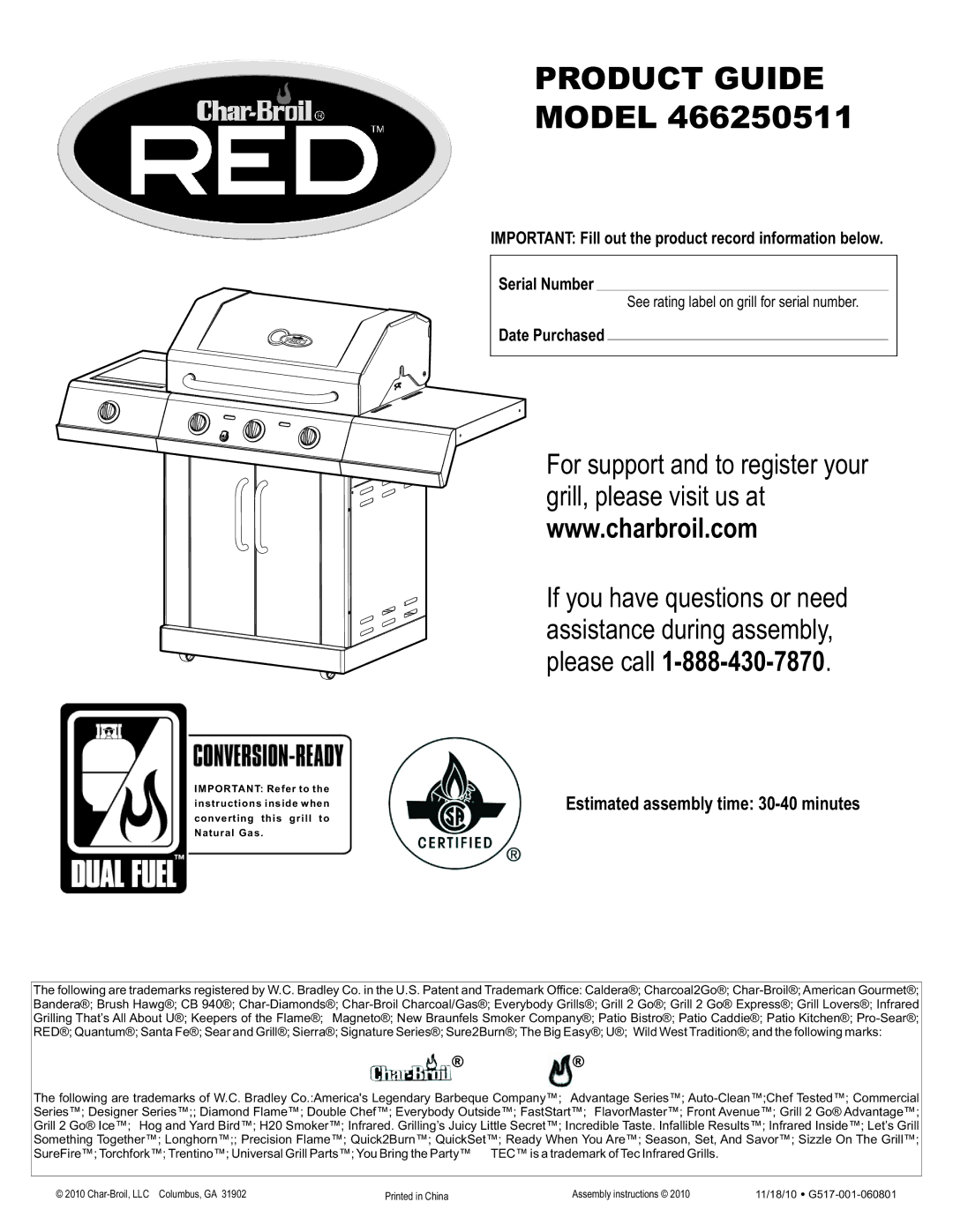 Char-Broil 466250511 manual Estimated assembly time 30-40 minutes, Date Purchased 