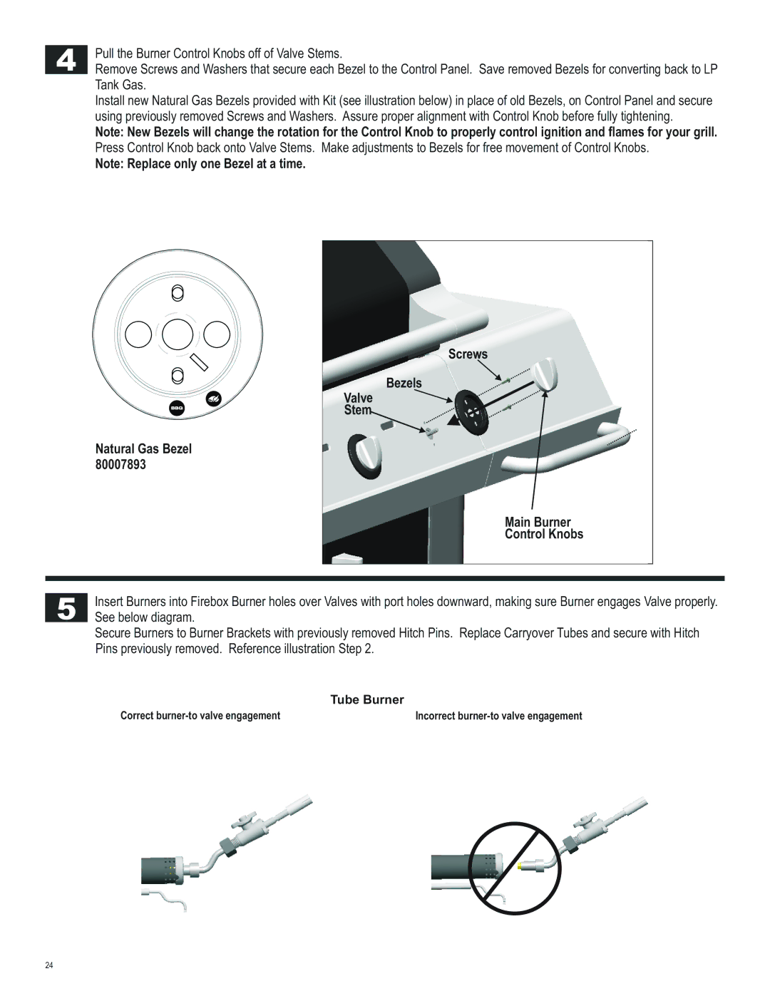 Char-Broil 466250511 manual Natural Gas Bezel Screws Bezels Valve Stem 