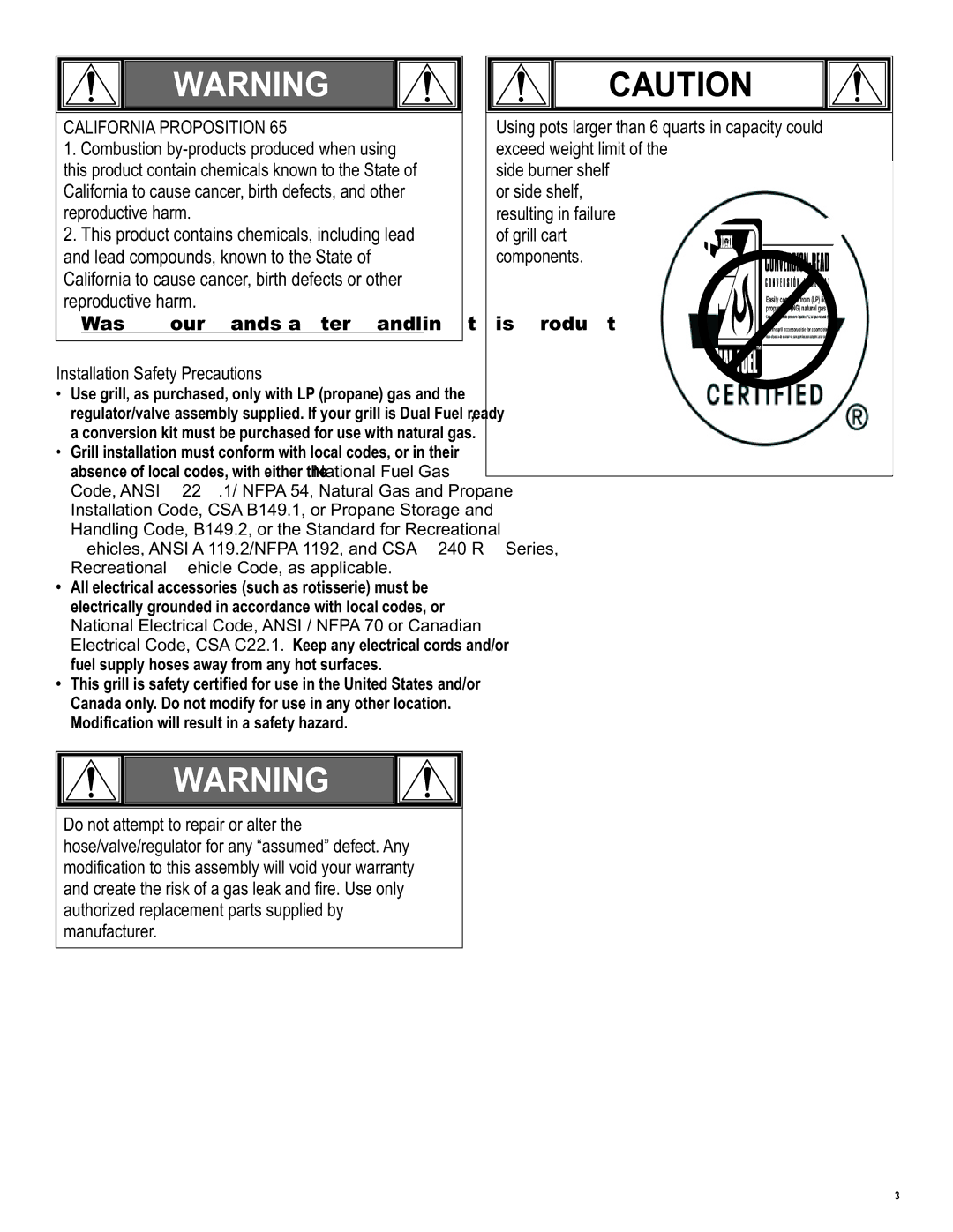 Char-Broil 466250511 manual California Proposition, Installation Safety Precautions 