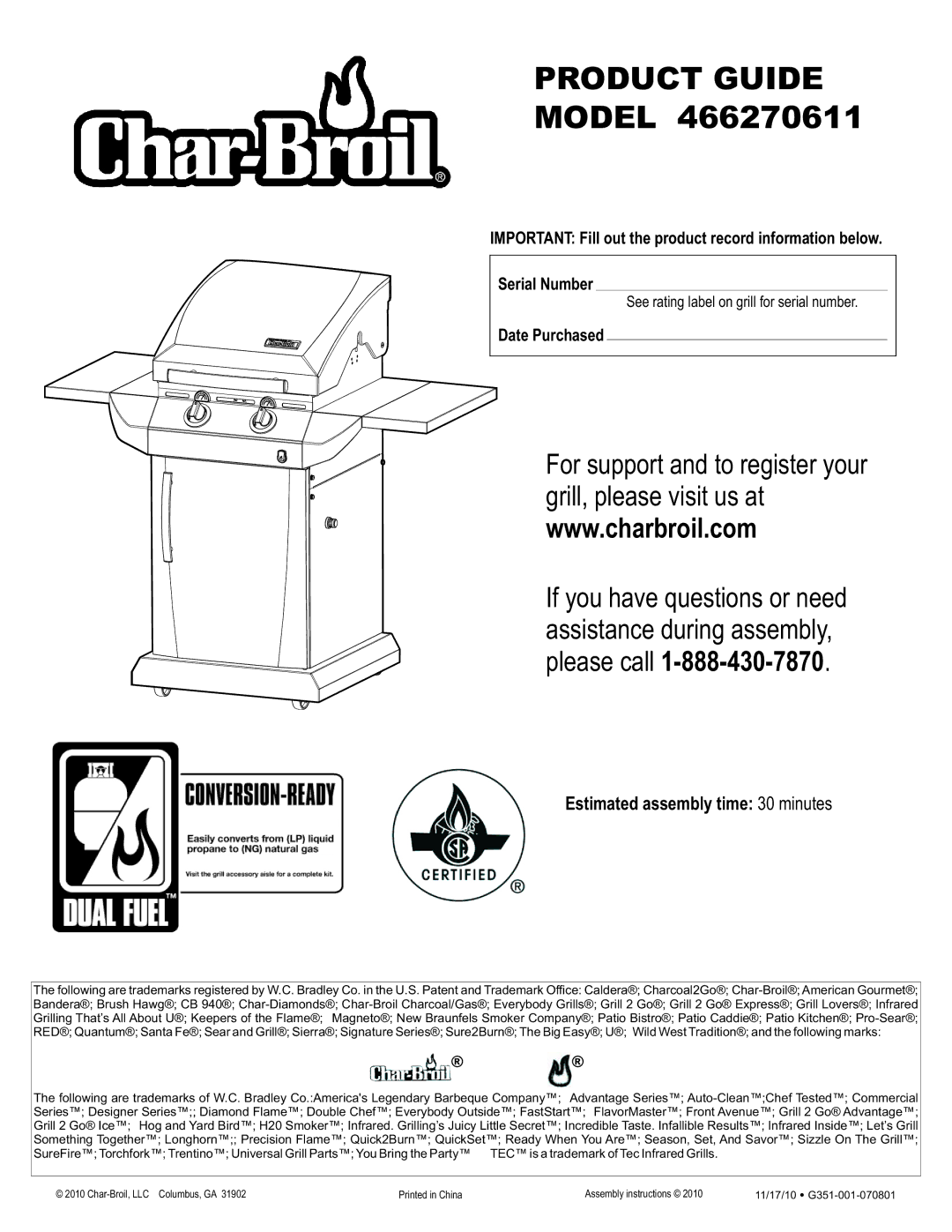 Char-Broil 466270611 manual Estimated assembly time 30 minutes, Date Purchased 