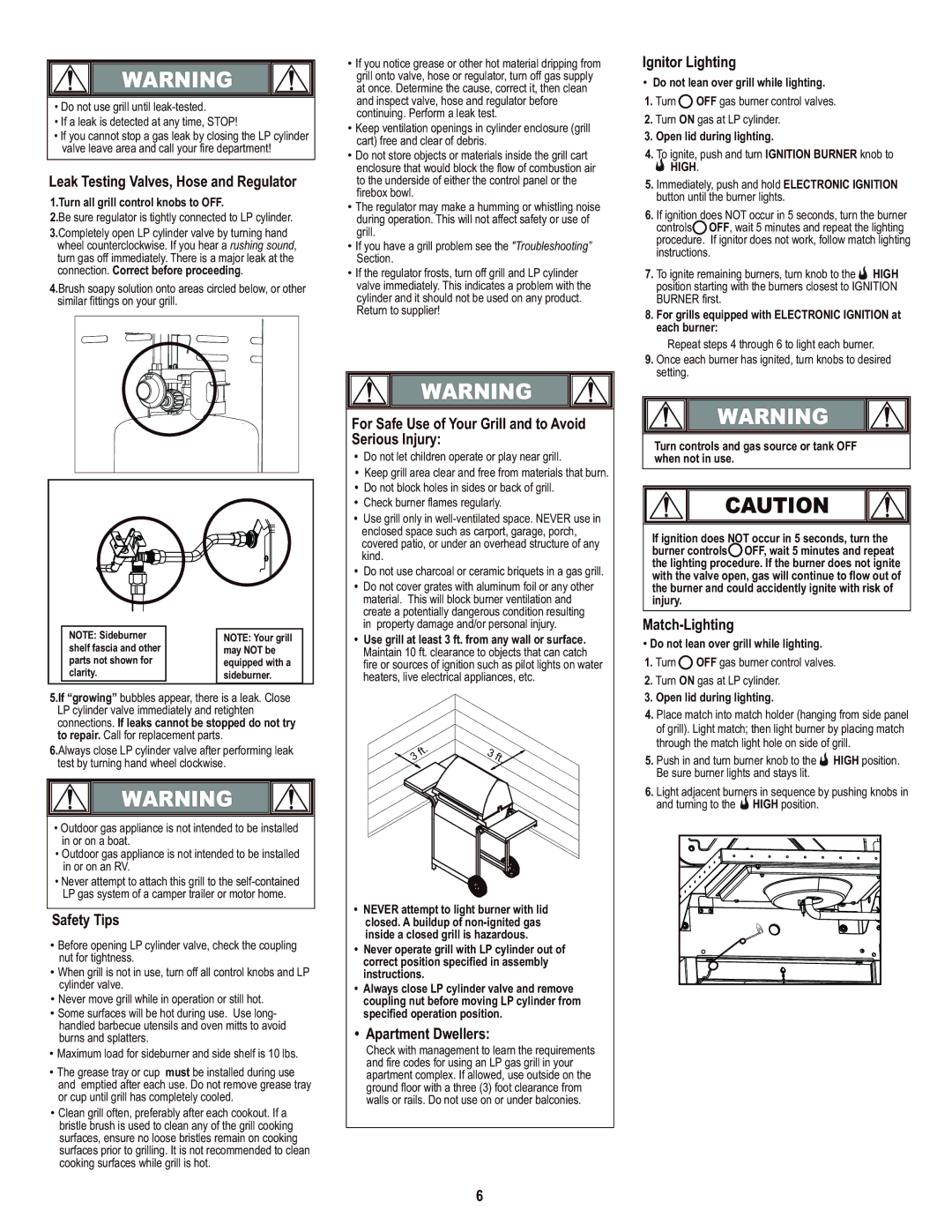 Char-Broil 466650414 manual Leak Testing Valves, Hose and Regulator, Ignitor Lighting, Safety Tips, Apartment Dwellers 