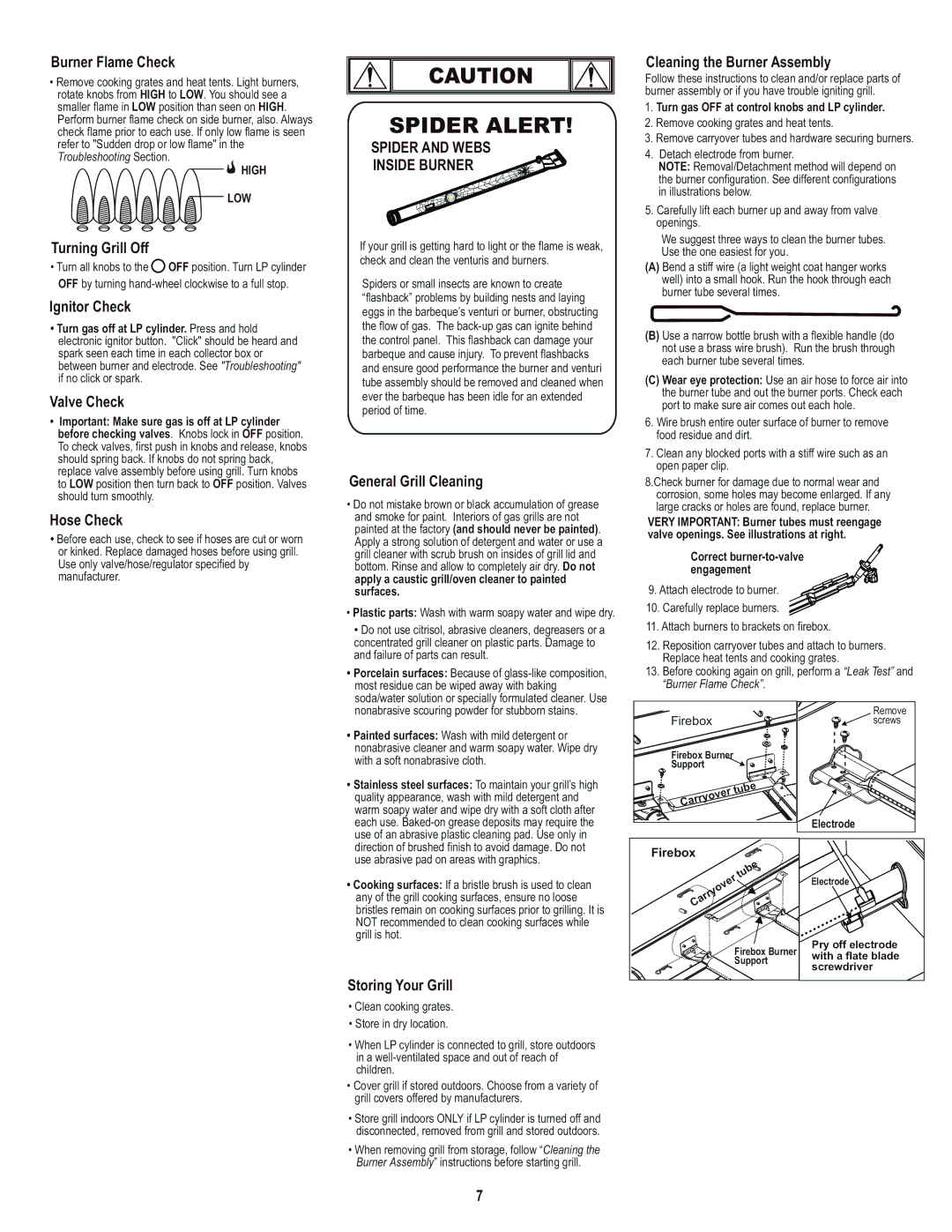 Char-Broil 466650414 Burner Flame Check, Turning Grill Off, Ignitor Check, Valve Check, Hose Check, General Grill Cleaning 