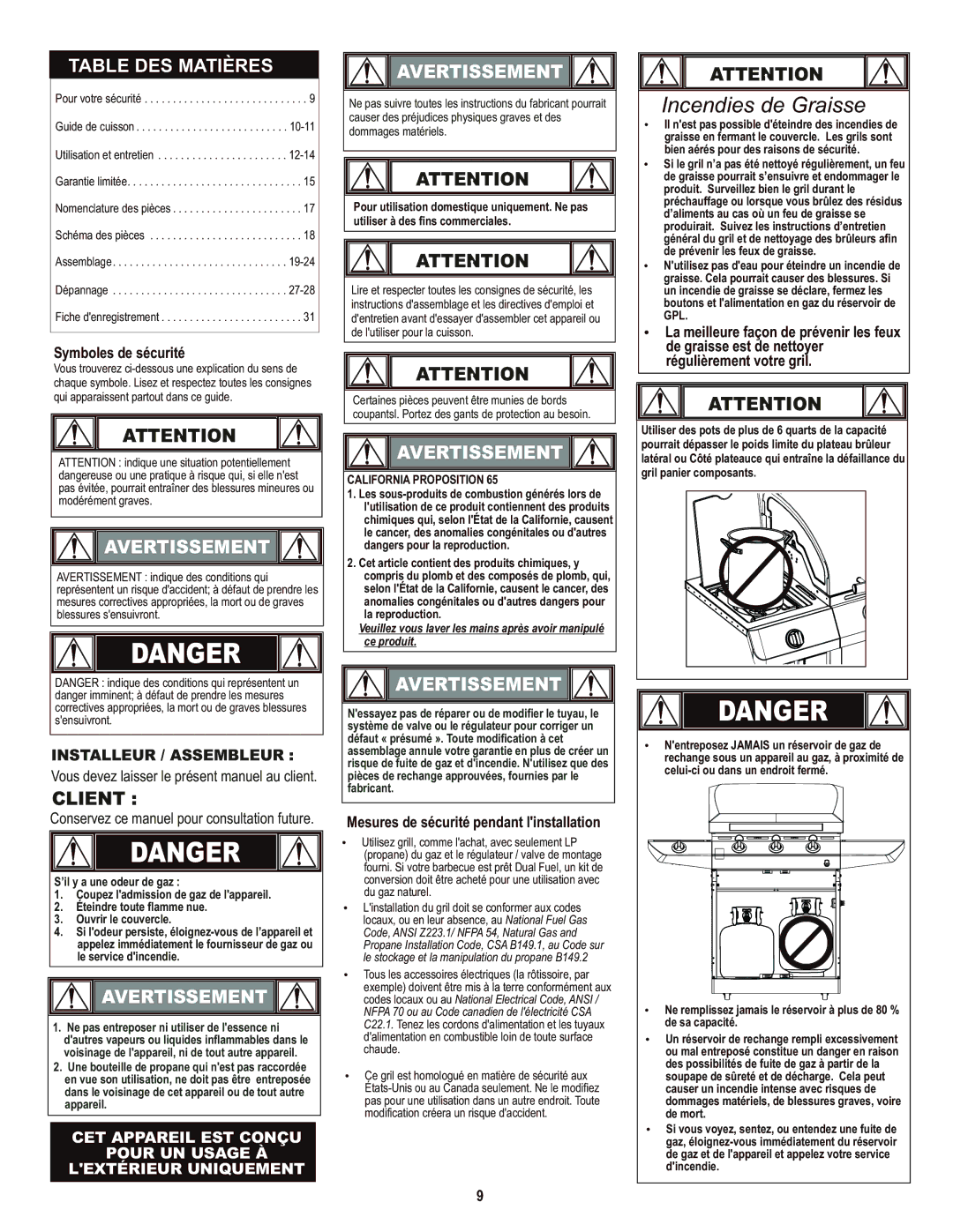 Char-Broil 466650414 Table DES Matières, Avertissement, Symboles de sécurité, Mesures de sécurité pendant linstallation 