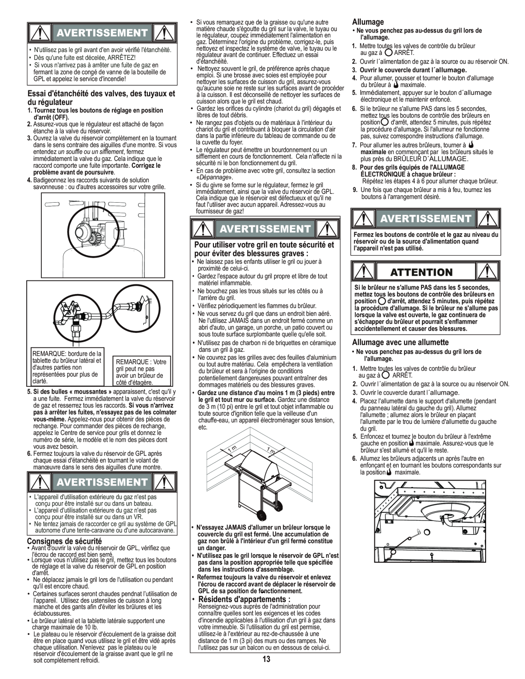 Char-Broil 466650414 manual Avertissement, Essai détanchéité des valves, des tuyaux et du régulateur, Consignes de sécurité 