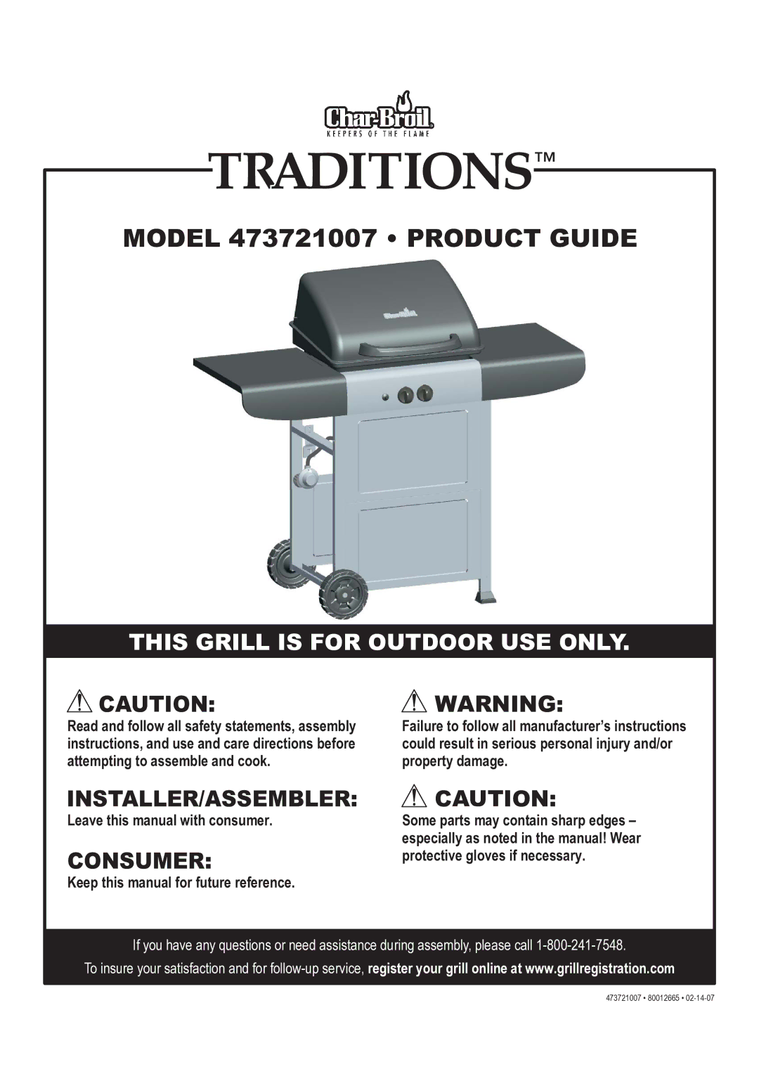 Char-Broil 473721007 manual Leave this manual with consumer, Protective gloves if necessary 