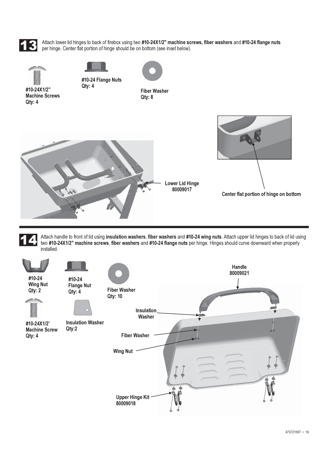 Char-Broil 473721007 manual #10-24 Flange Nuts, #10-24X1/2 Qty, #10-24X1/2’, Qty2 Fiber Washer Wing Nut Upper Hinge Kit 