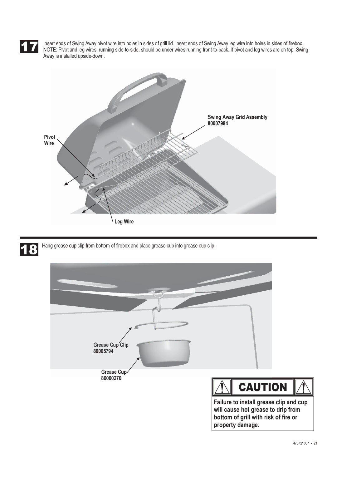 Char-Broil 473721007 manual Swing Away Grid Assembly, Leg Wire, Grease Cup Clip 