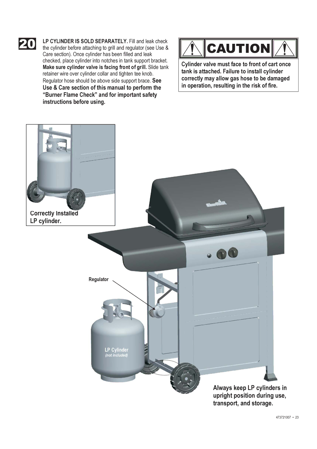 Char-Broil 473721007 manual Correctly Installed LP cylinder, Regulator 