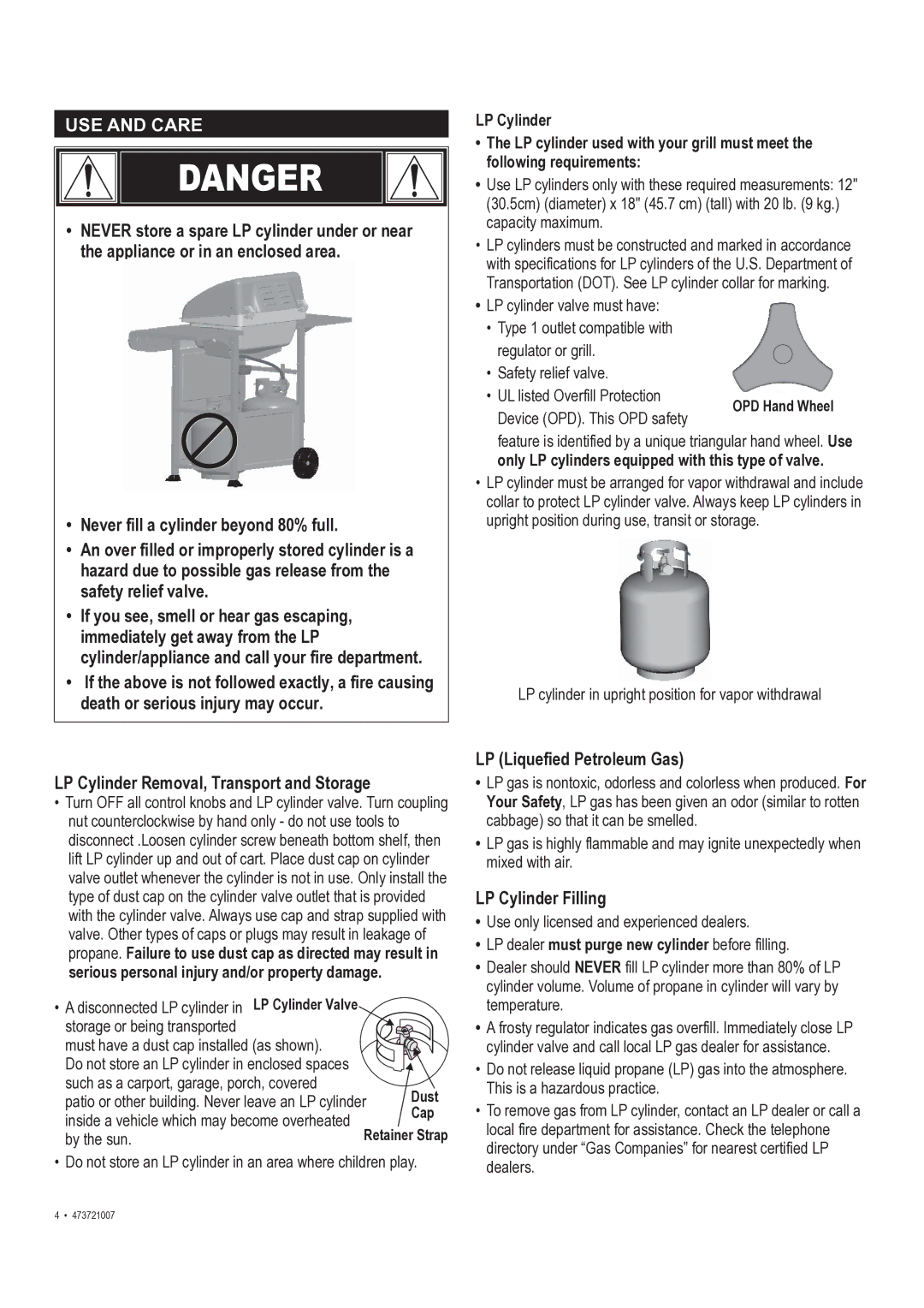 Char-Broil 473721007 manual Never fill a cylinder beyond 80% full, LP Cylinder Removal, Transport and Storage 