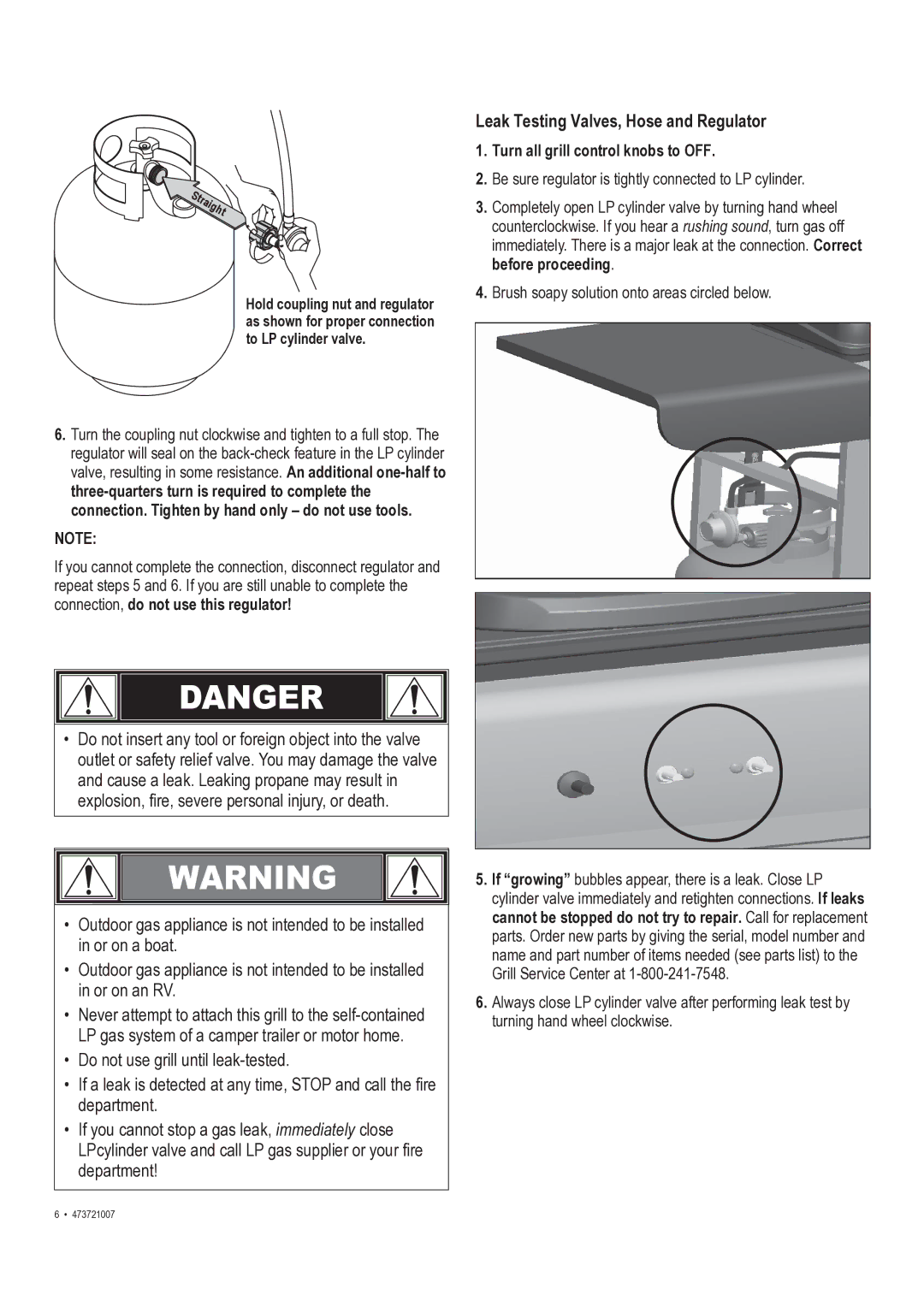 Char-Broil 473721007 manual Leak Testing Valves, Hose and Regulator, Turn all grill control knobs to OFF 