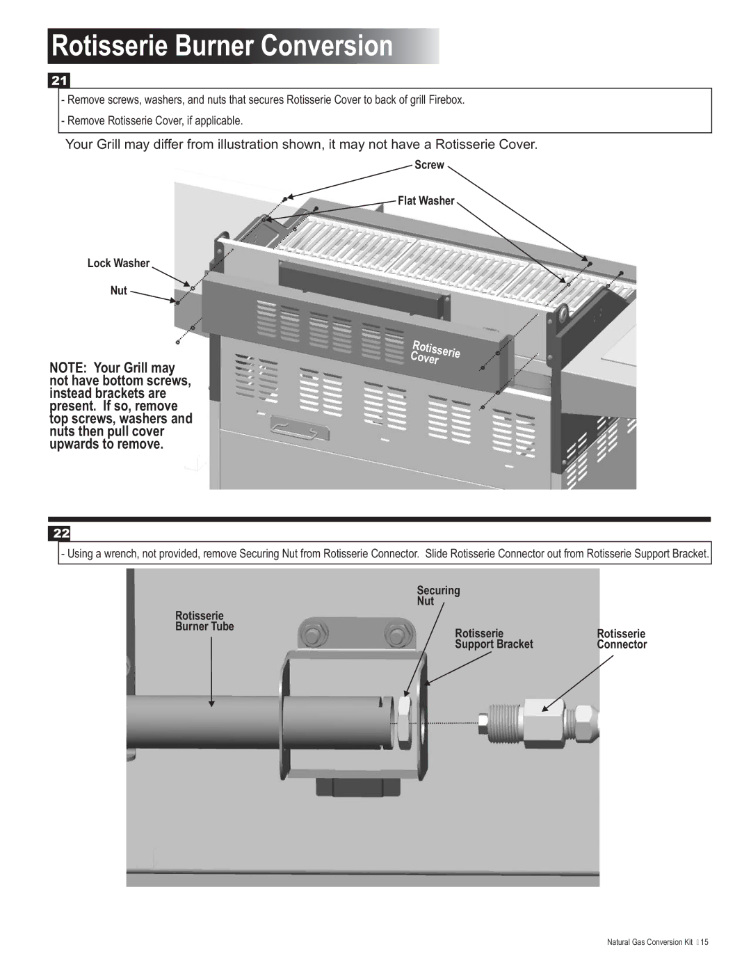 Char-Broil 4984619 manual Rotisserie Burner Conversion, Screw Flat Washer Lock Washer Nut 