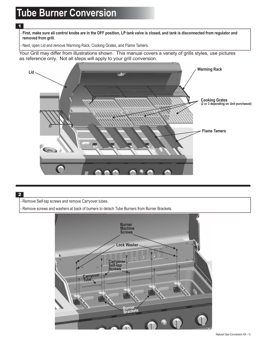 Char-Broil 4984619 manual Tube Burner Conversion, Lid Warming Rack Cooking Grates, Flame Tamers 