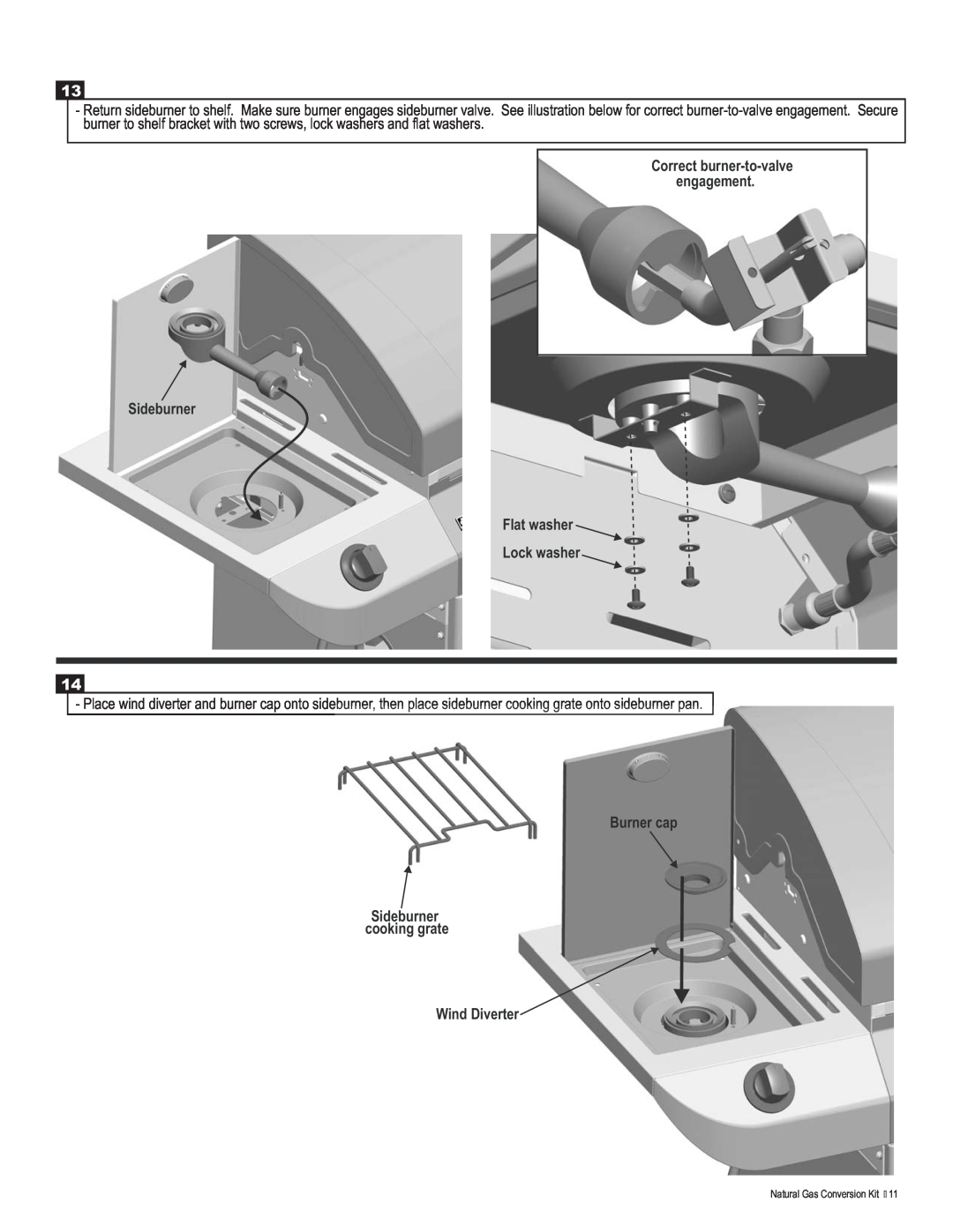 Char-Broil 4984619 manual Correct burner-to-valve engagement Sideburner Flat washer Lock washer 