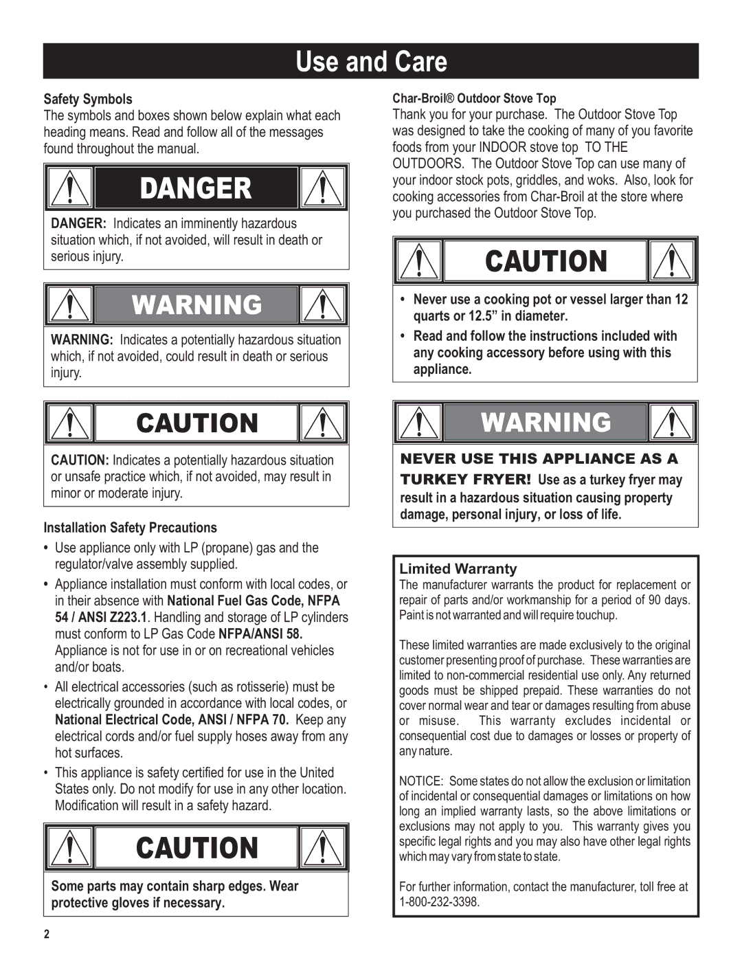 Char-Broil 5101194 manual Use and Care, Safety Symbols 