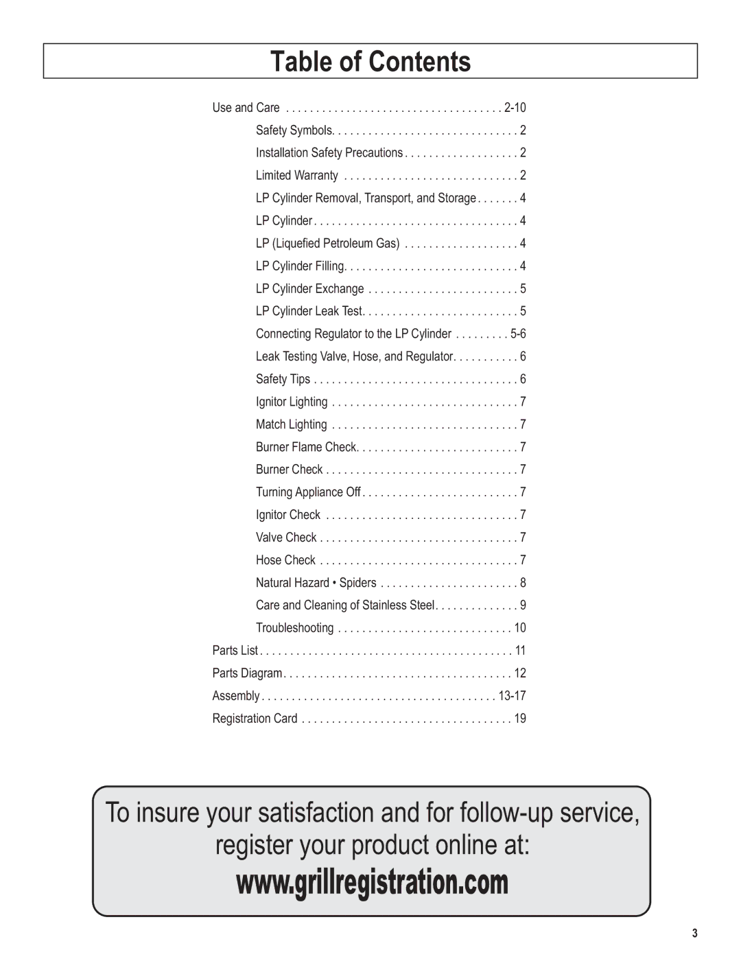 Char-Broil 5101194 manual Table of Contents 