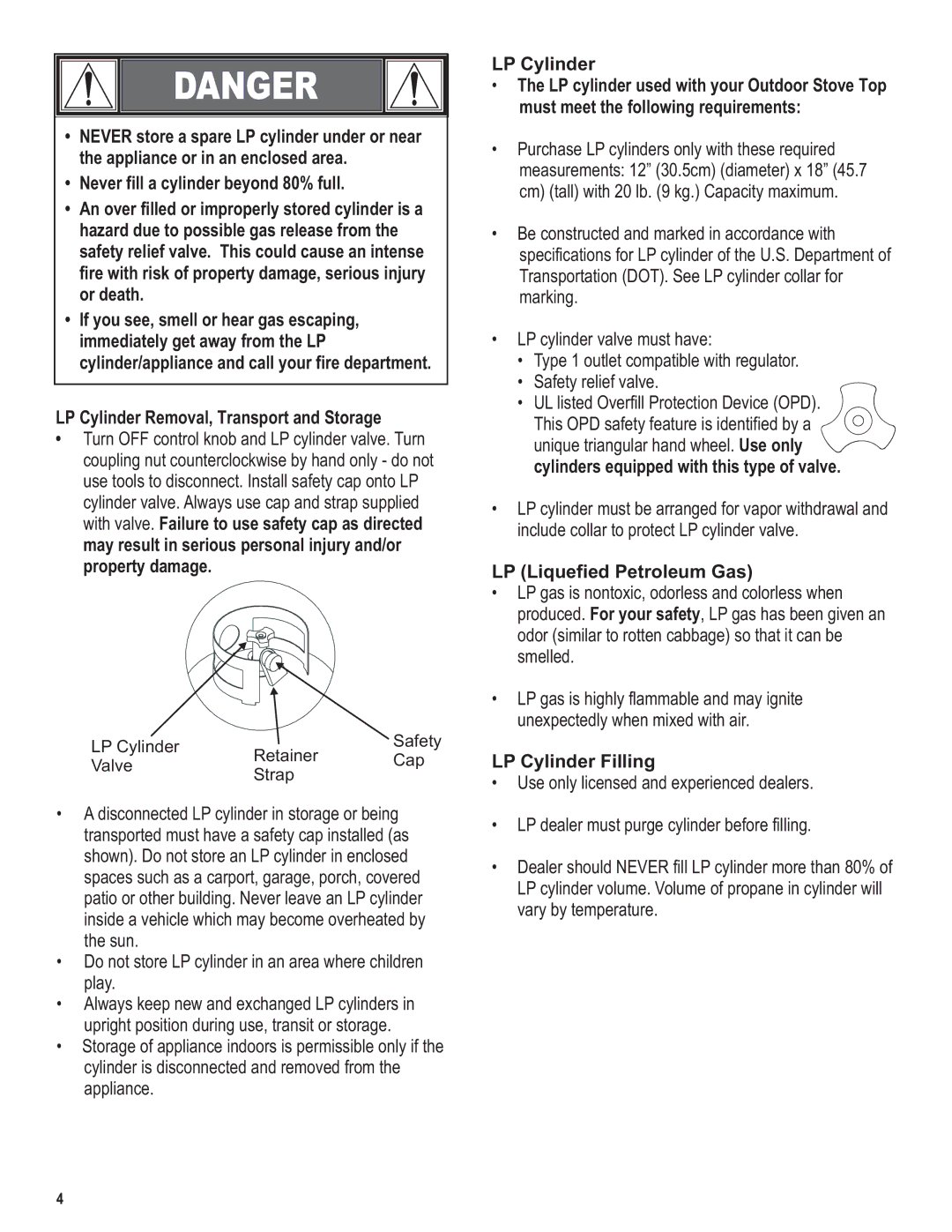 Char-Broil 5101194 manual LP Cylinder, LP cylinder used with your Outdoor Stove Top, Must meet the following requirements 