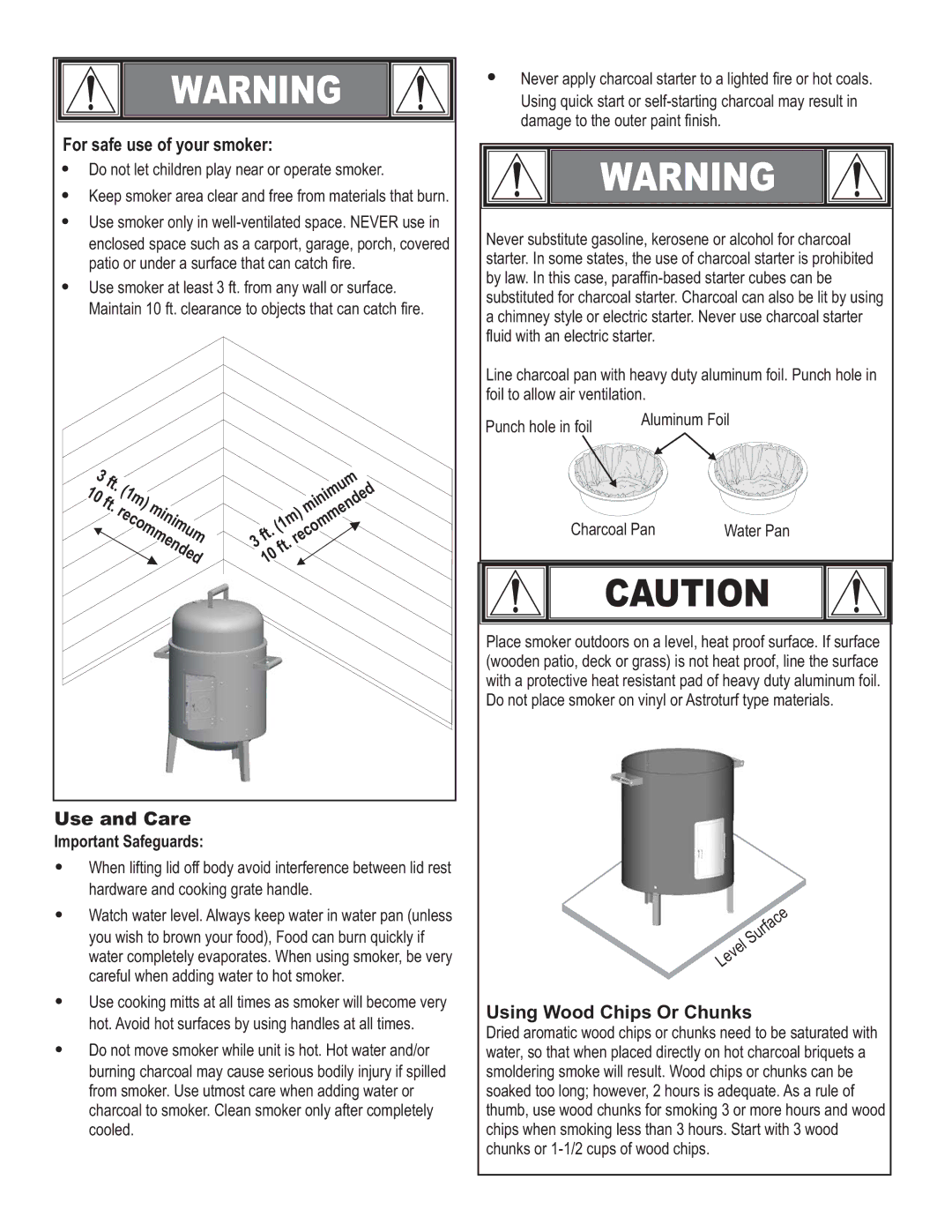 Char-Broil 6701289 manual For safe use of your smoker, Use and Care, Using Wood Chips Or Chunks, Important Safeguards 