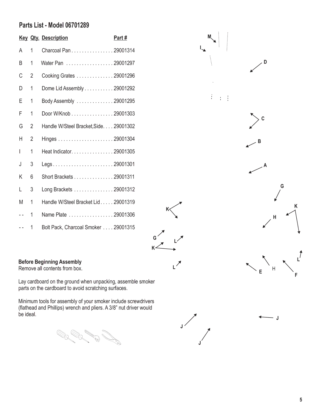 Char-Broil 6701289 manual Key Qty. Description, Before Beginning Assembly 