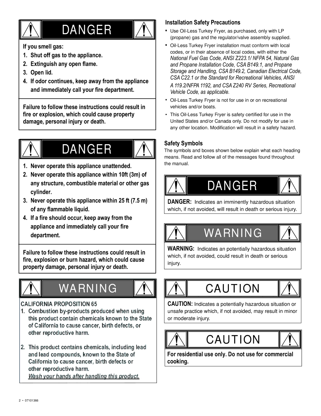 Char-Broil 7101366 manual Safety Symbols, For residential use only. Do not use for commercial, Cooking 