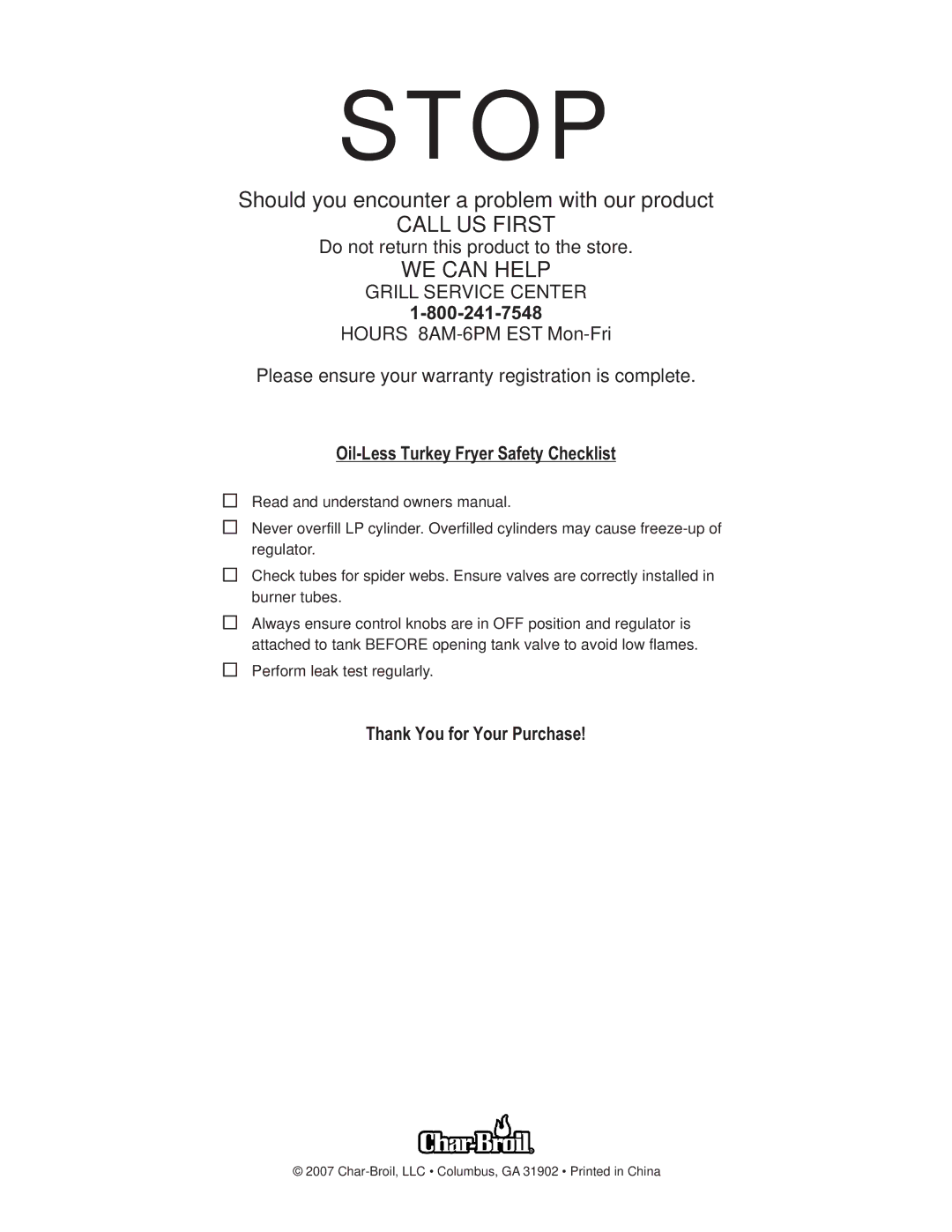 Char-Broil 7101366 manual Oil-Less Turkey Fryer Safety Checklist, Thank You for Your Purchase 