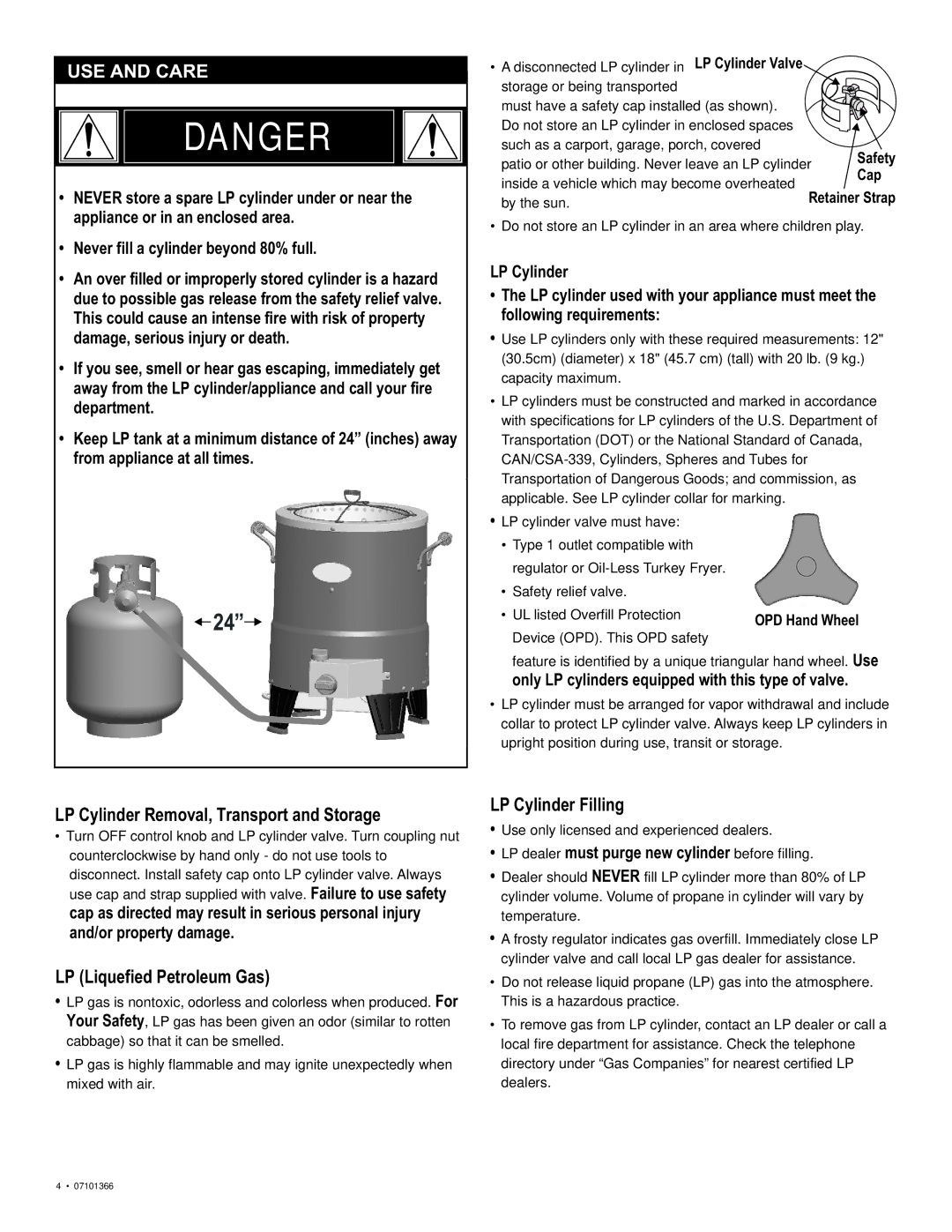 Char-Broil 7101366 manual LP Cylinder Removal, Transport and Storage, LP Liquefied Petroleum Gas, LP Cylinder Filling 