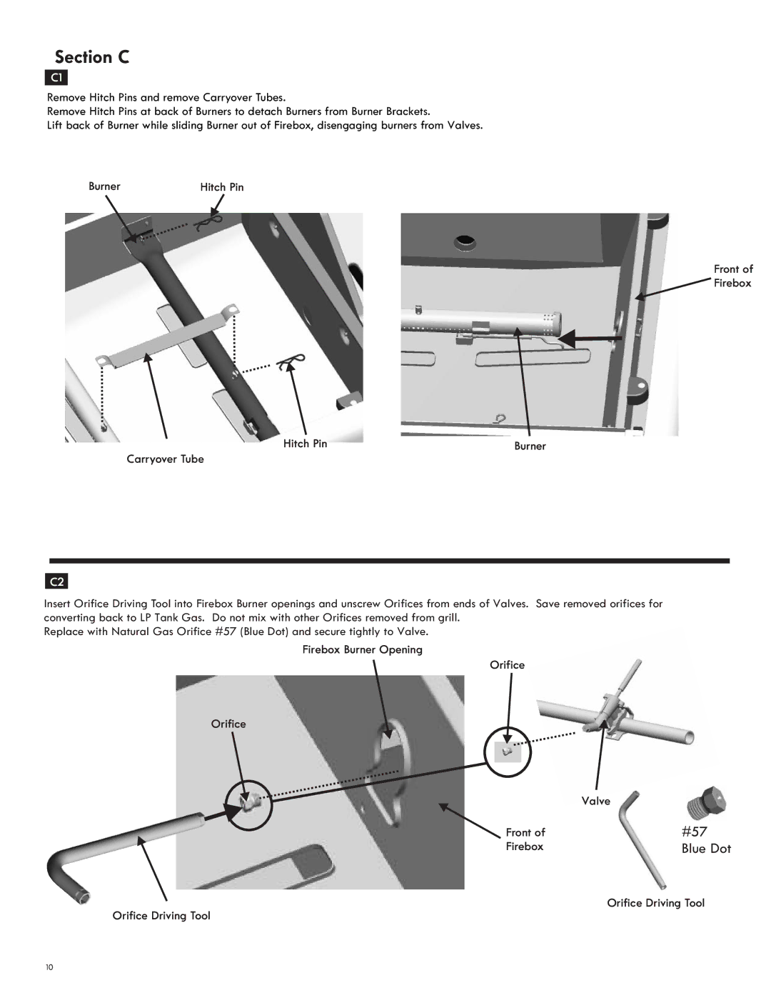 Char-Broil 7116572 manual Section C, Front Firebox Hitch Pin, Firebox Burner Opening Orifice Valve Front 