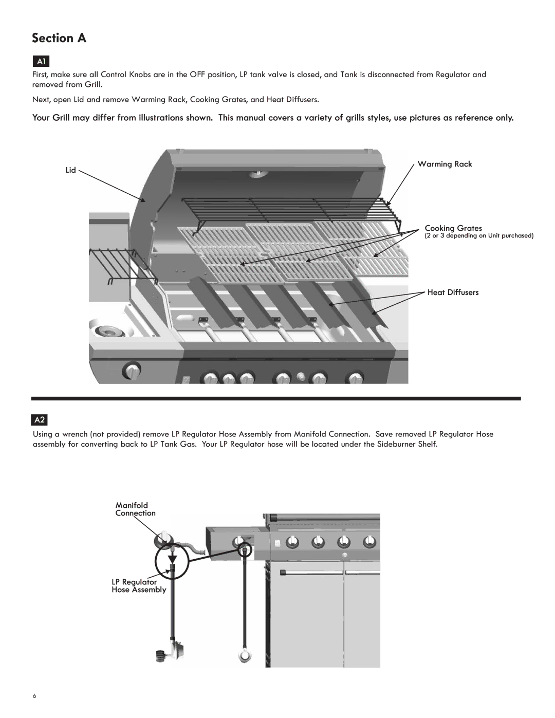 Char-Broil 7116572 manual Section a, Heat Diffusers, Manifold Connection LP Regulator Hose Assembly 