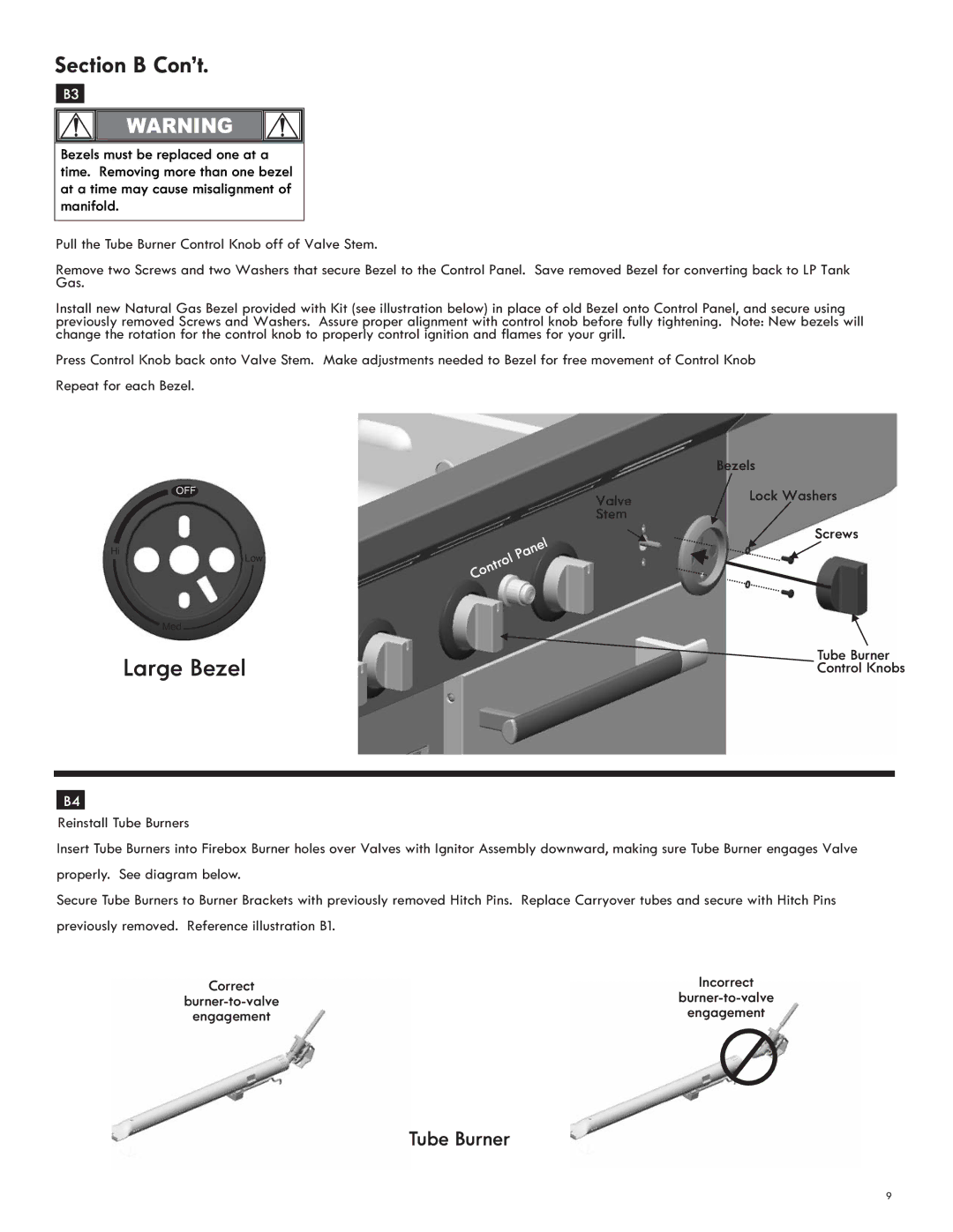 Char-Broil 7116572 manual Section B Con’t, Bezels Lock Washers Valve Stem, Screws 