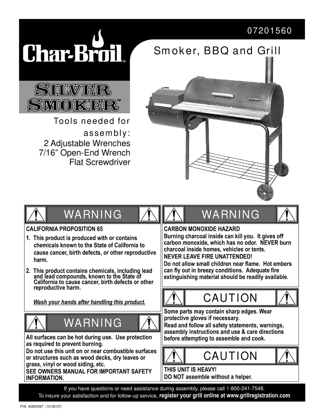 Char-Broil 7201560 owner manual Smoker, BBQ and Grill 