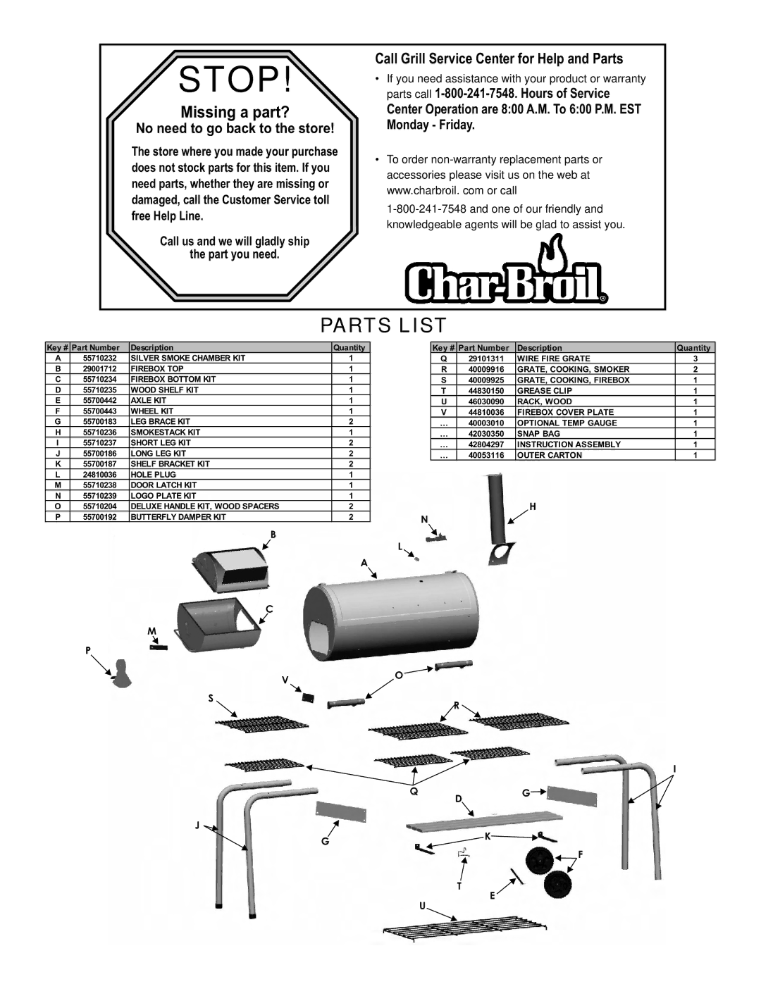 Char-Broil 7201560 No need to go back to the store, Center Operation are 800 A.M. To 600 P.M. EST Monday Friday 