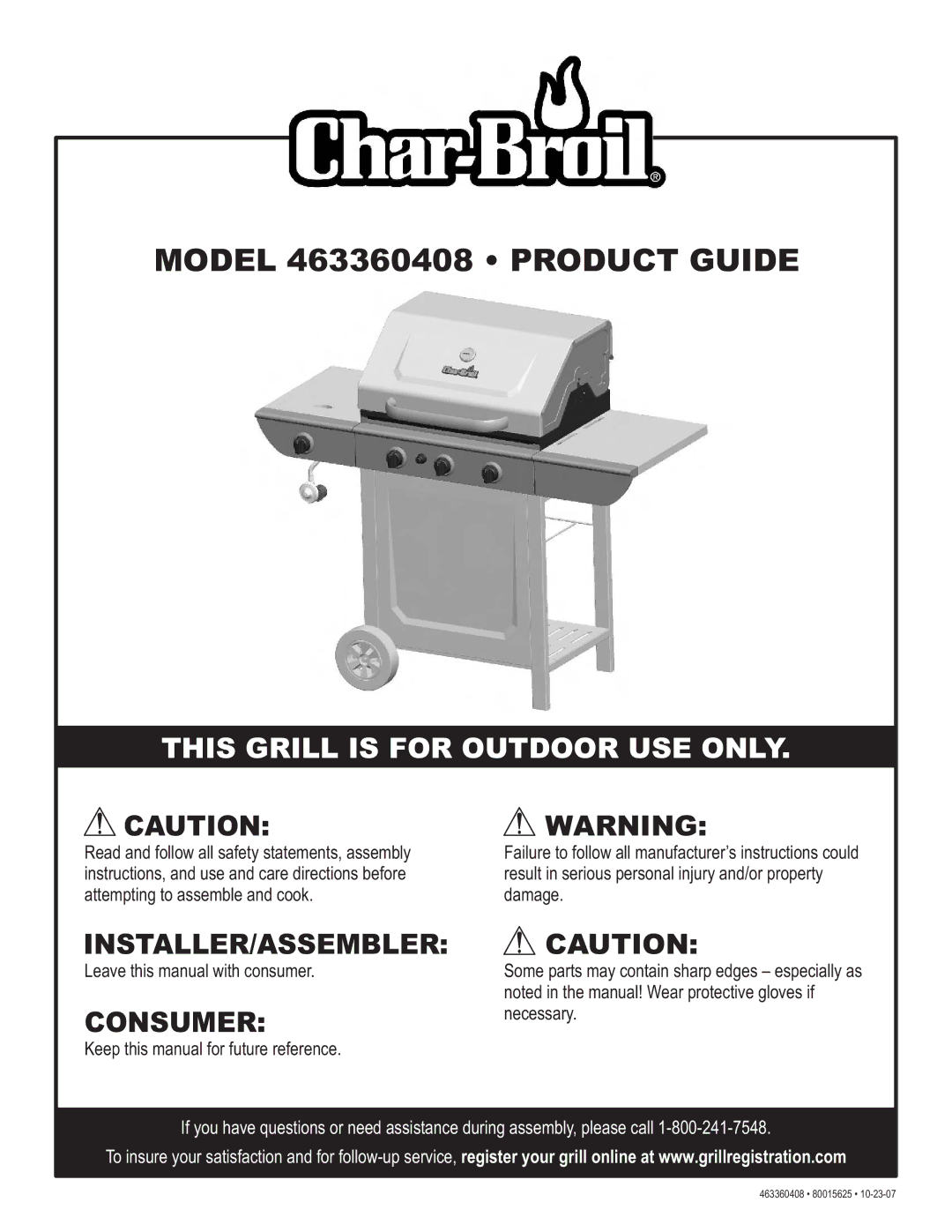 Char-Broil 80015625 manual Model 463360408 Product Guide 