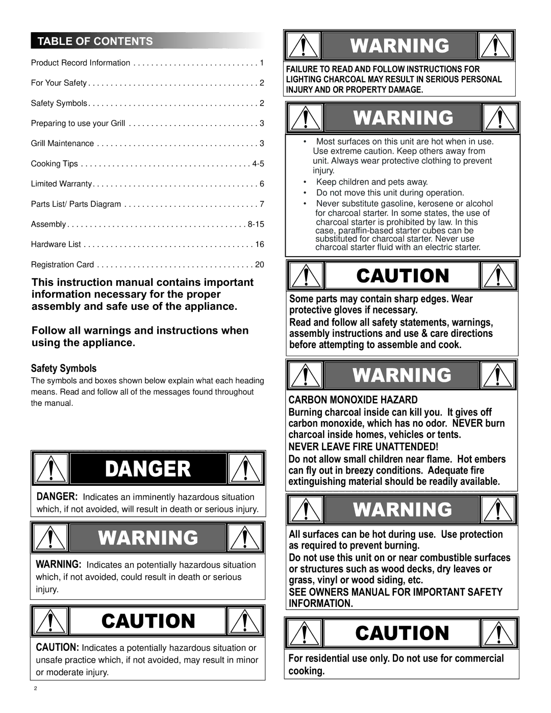 Char-Broil 8301390 manual Table of Contents 