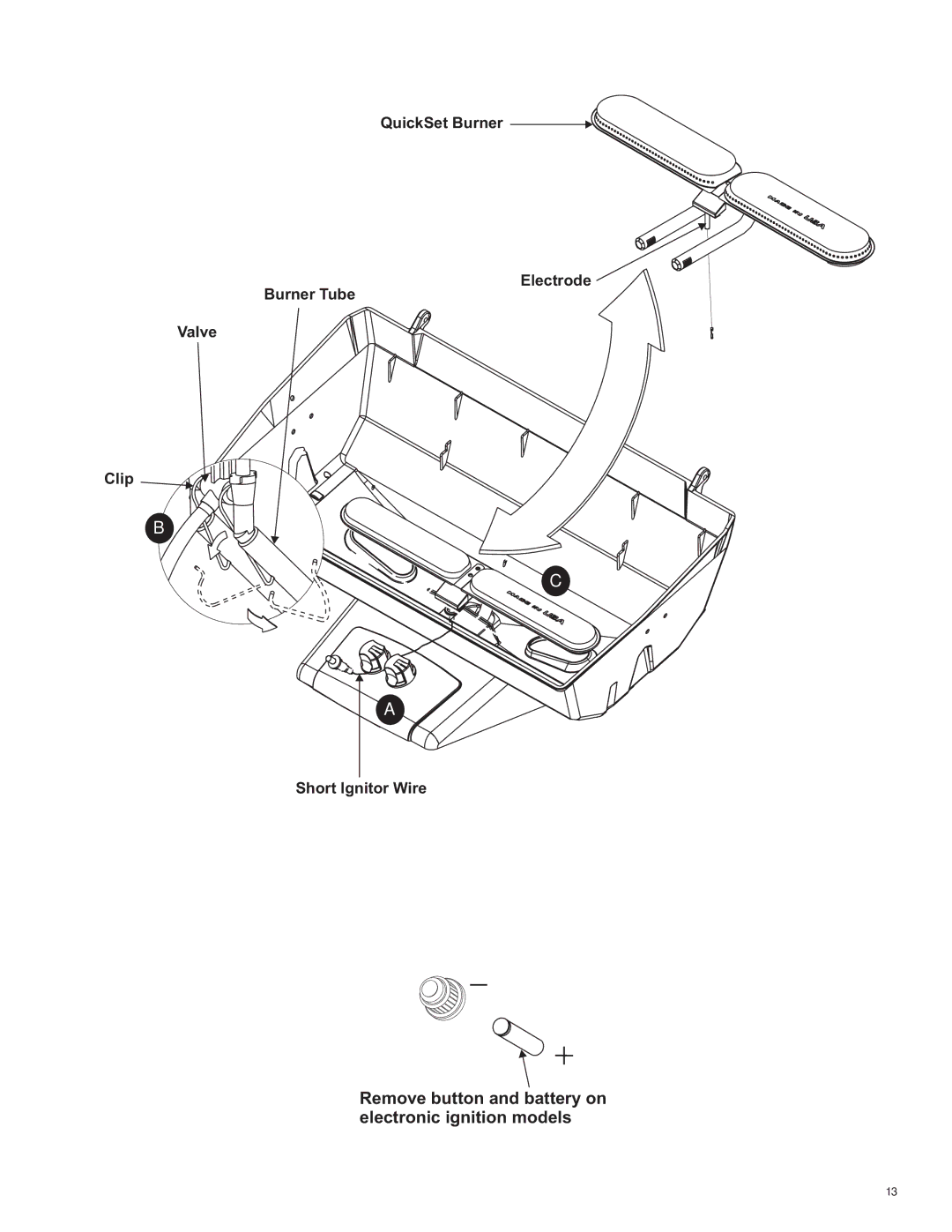 Char-Broil LP Gas Grill manual Remove button and battery on electronic ignition models 