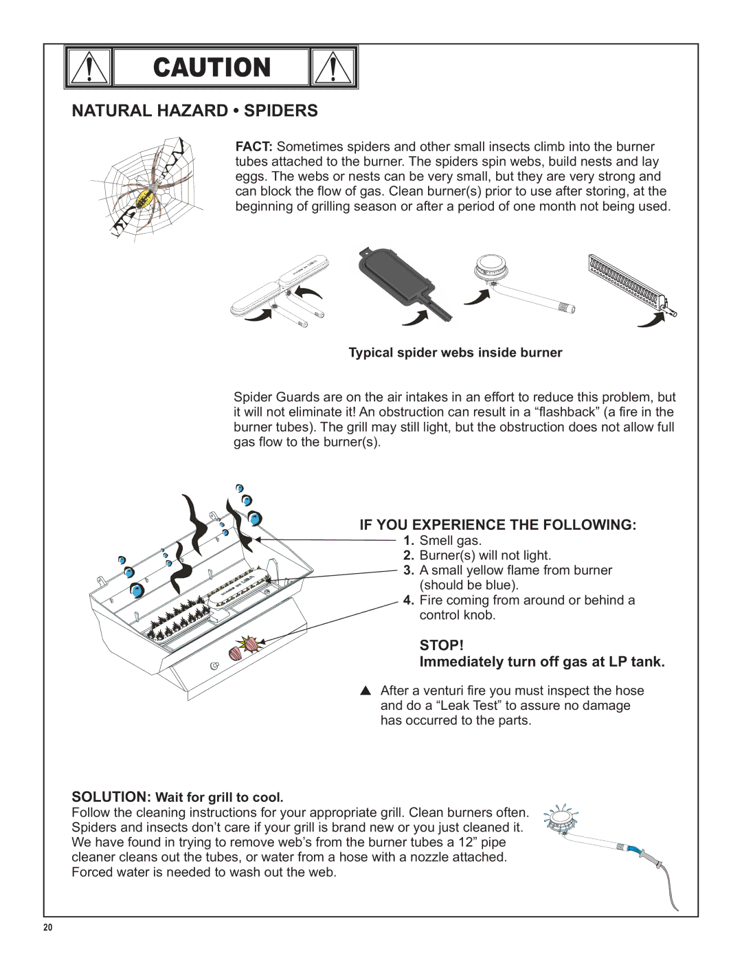 Char-Broil LP Gas Grill manual Immediately turn off gas at LP tank, Typical spider webs inside burner 