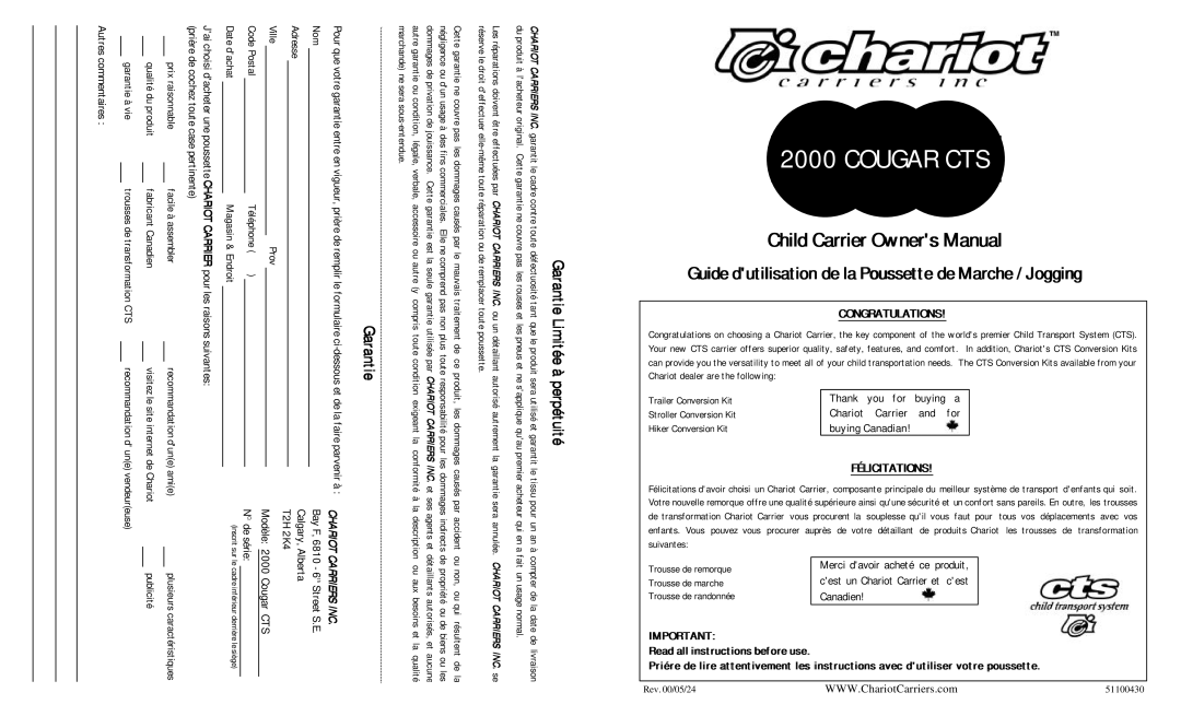 Chariot Carriers 2000 manual Congratulations, Félicitations 