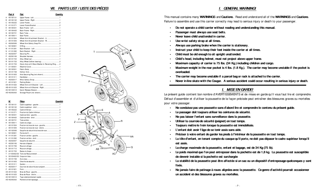 Chariot Carriers 2000 manual VII. Parts List / Liste DES Pièces General Warning, Mise EN Garde 